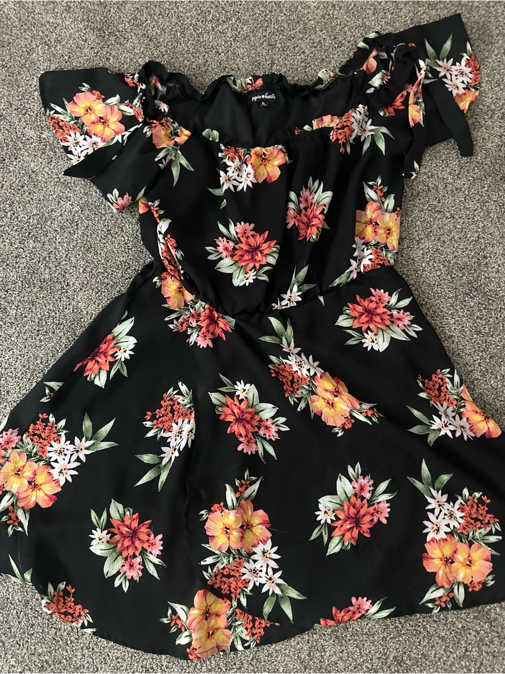 Sequin Hearts Black Floral Off-Shoulder Mini Dress